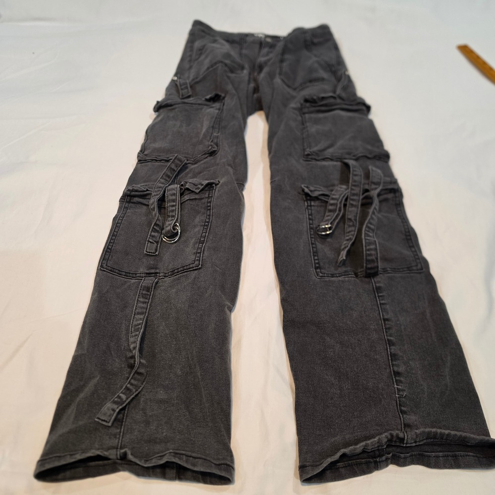 VIP Jeans Cargo Pants Womens 9/29 Black Excellent D-Ring Straps Faded Streetwear